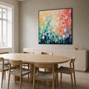 Textured colorful wall art displayed in a Stockholm dining room.