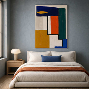 Colorful Bauhaus artwork above an ivory contemporary bedroom.
