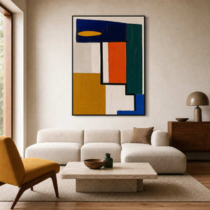 Textured Bauhaus wall art above a warm mid-century living room.
