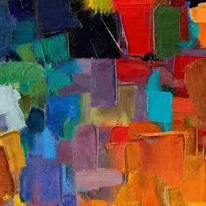 Close-up of thick multicolor palette-knife marks and layered paint texture.