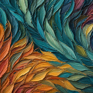 Close-up of raised teal, green, coral, and ochre palette-knife strokes.