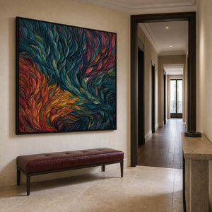 Square abstract wall art styled in a Paris townhouse hallway.