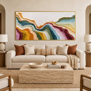 Multicolored ribbon artwork above a cream sofa and rectangular pale stone coffee table.
