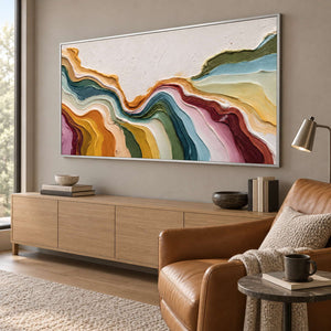 Curved color-band painting above a light wood cabinet beside a brown leather armchair.