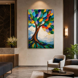 Colorful hand-painted tree canvas in a modern gallery lounge setting.