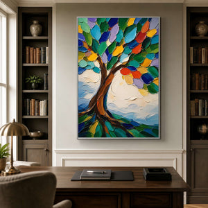 Vertical textured tree artwork creates a colorful focal point in a refined home office.