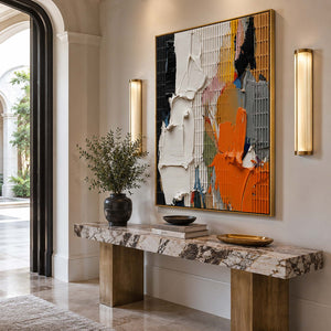 Textured abstract canvas displayed on a gallery wall.