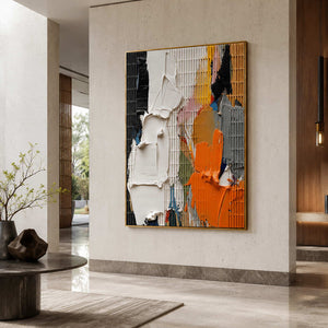 Bold textured abstract wall art displayed in a hotel lobby.