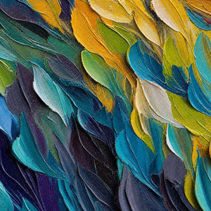 Close-up of raised hand-painted texture in multicolor, blue, and warm tones.