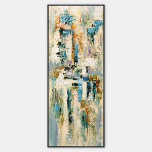 Extra-tall abstract artwork in turquoise, ivory, ochre, black, and lavender.