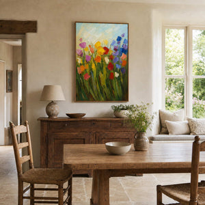 Vertical floral wall art displayed in a sunlit English country breakfast room.