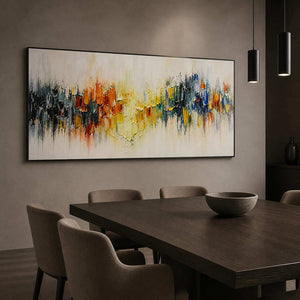 Orange, yellow, teal, and blue abstract painting in a dining room.