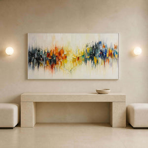 Bright panoramic abstract painting in an elegant hotel hallway.