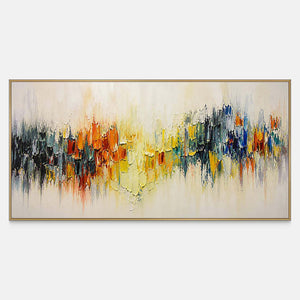 Hand-painted panoramic abstract canvas with vivid color across ivory.