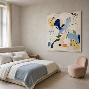 Modern Abstract Wall Art displayed above a calm modern bedroom.