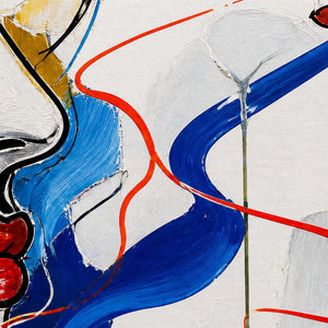 Close-up of vivid blue strokes, red contours, and painted texture.