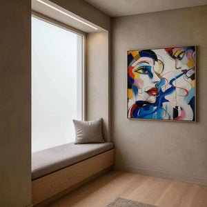 Modern face painting brightening a quiet contemporary window nook.