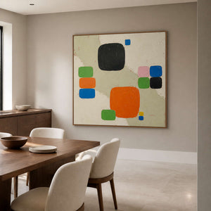 Color Squares Gather on Stone in a wood-framed dining room
