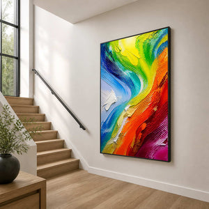 Colorful textured wall art creating a dramatic focal point on a stair landing.