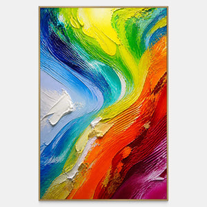 Vertical abstract wall art with sweeping cobalt, turquoise, green, yellow, orange, and berry.