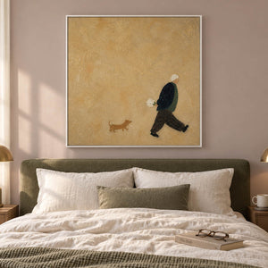 Ochre painting of a flower-carrying walker and a small brown dog in a white frame in a bedroom.
