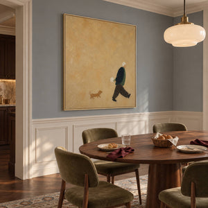 Ochre painting of a flower-carrying walker and a small brown dog in a gold frame in a dining room.