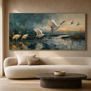Textured crane wall art displayed above a curved neutral living room sofa.