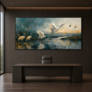 White crane wall art in a dark modern executive office.