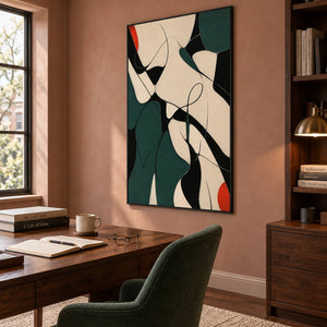 Deep green, black, and cream abstract painting with curved lines and red accents in a black frame in a home office.
