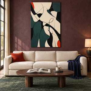 Deep green, black, and cream abstract painting with curved lines and red accents without an outer frame in a living room.