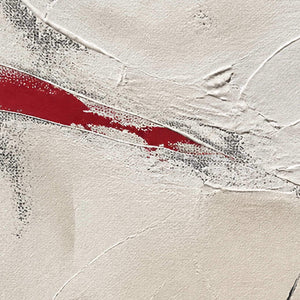 Close detail of red strokes and layered ivory palette-knife texture