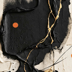 Close-up of Dancing on a Whim showing raised black paint, thin gold-toned lines and a small orange dot.