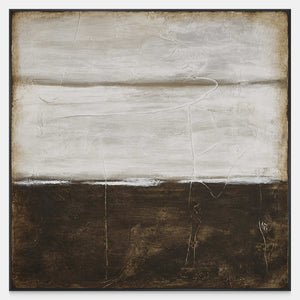 Square abstract with broad pale gray layers above deep brown and fine surface lines.