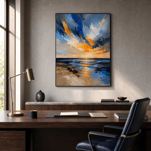 Textured sunrise artwork in a refined walnut and navy office.