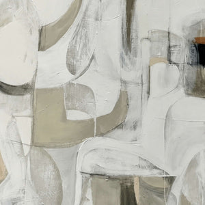 Close view of looping white brushwork over scraped gray and warm beige paint.