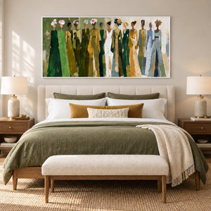 Days in Full Bloom in a white frame above a cream bed with an olive coverlet and an upholstered bench.