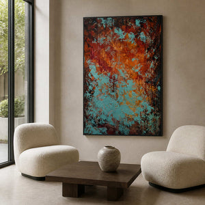 Black framed textured abstract painting above a low table in a hotel lounge.