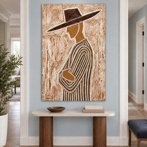 Narrow profile portrait above a pale-topped console with cylindrical wooden legs.