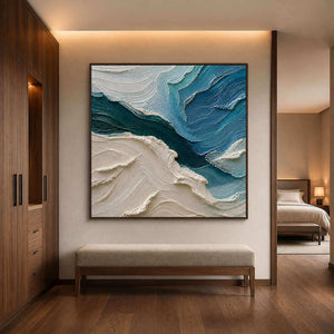 Square ocean-inspired artwork styled in a walnut bedroom entry.