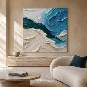 Teal and ivory textured coastal wall art in a warm living room.