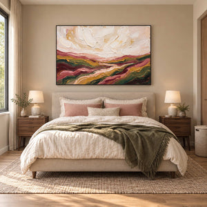Dreaming of the Hills in a black frame above a neutral bed with blush pillows and an olive-green throw.