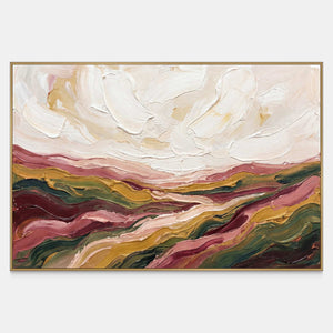 Front view of Dreaming of the Hills, with layered rose, ochre and dark green landforms beneath a broad cream sky.