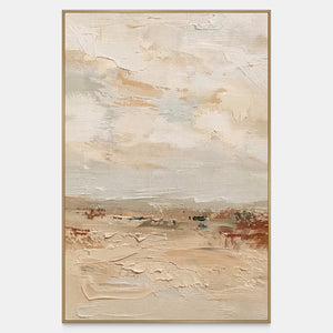 Vertical landscape painting with a pale sky, low horizon, and creamy raised strokes.