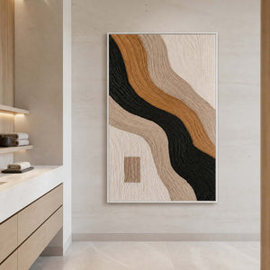 Calm neutral textured abstract wall art in a bathroom dry area with a white frame.