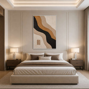 Neutral textured abstract wall art above a refined bedroom bed in a white metal frame.