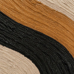 Close-up of the raised hand-painted texture in ochre, black, ivory, and sand tones.