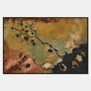 Hand-painted textured abstract wall art with earth tones, green, and black tones.