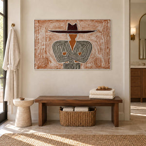 Effortless Poise in a white frame above a wood bench with folded towels and a woven basket in a bathroom dry area.