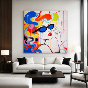 Electric Color Frames Her Gaze portrait in a modern living room.