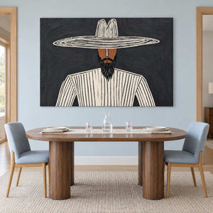 Wide-hat portrait behind an oval dining table and light blue chairs.